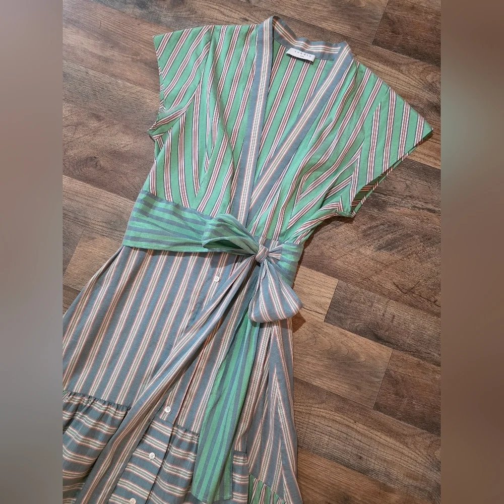 Sandro Paris Women's Green Striped Button Front Wrap Dress Size 36 - Picture 5 of 12